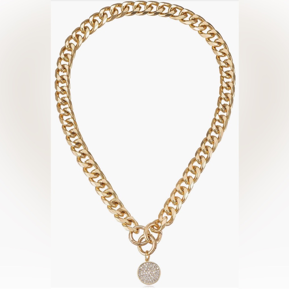 ettika Gold Chunky Cuban Link Necklace with Pave Disc Pendant